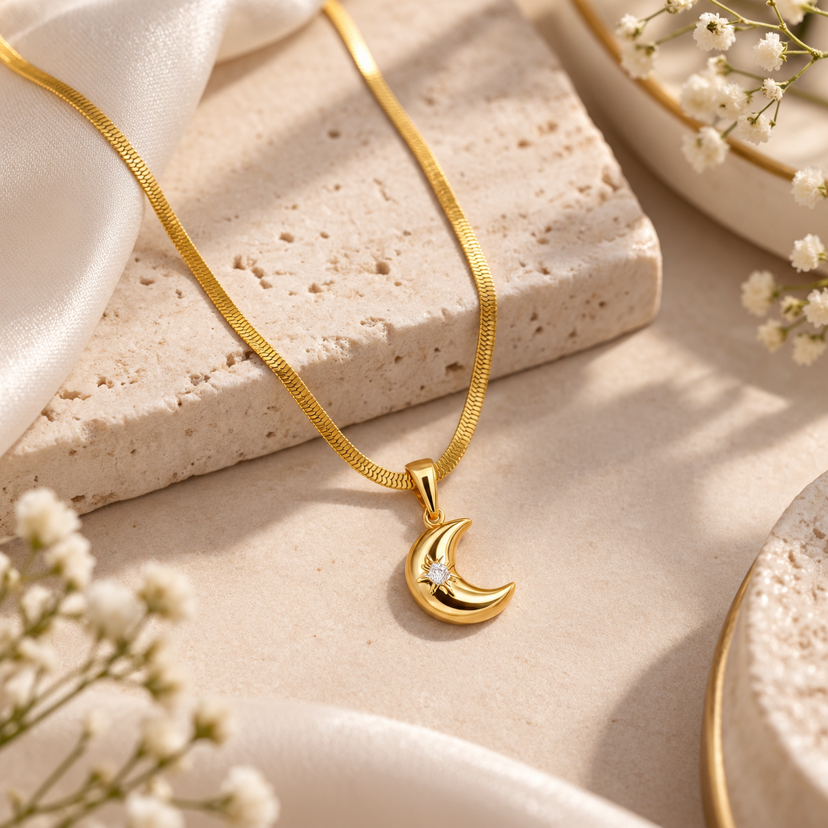π Golden Crescent Moon Pendant Necklace