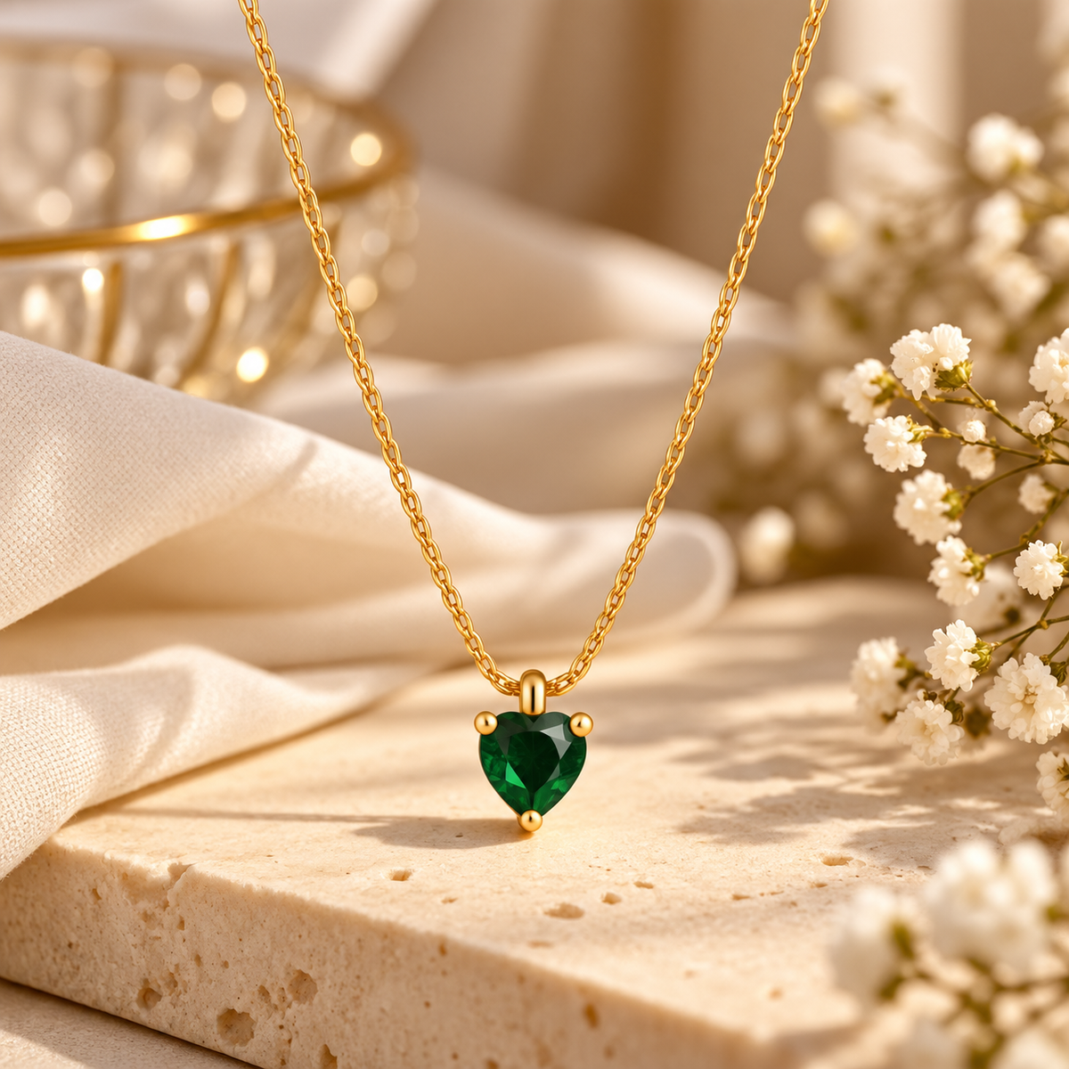 Golden Emerald Heart Pendant Necklace
