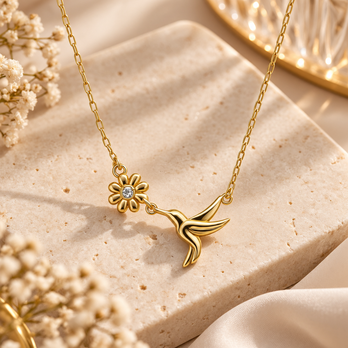 Golden Hummingbird Bloom Necklace – Elegant & Delicate