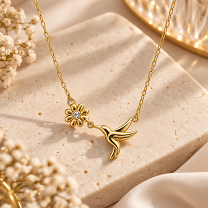 Golden Hummingbird Bloom Necklace – Elegant & Delicate