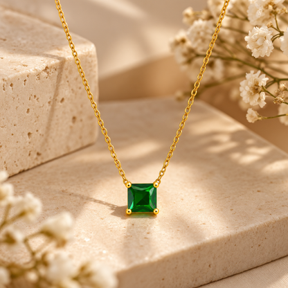 Golden Emerald Square Pendant Necklace