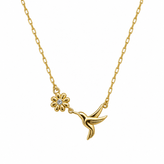 Golden Hummingbird Bloom Necklace – Elegant & Delicate