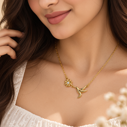 Golden Hummingbird Bloom Necklace – Elegant & Delicate
