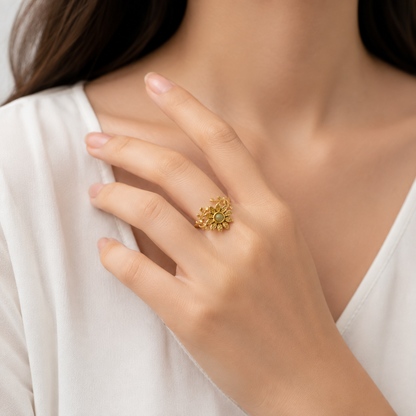 Golden Verdant Bloom Adjustable Ring